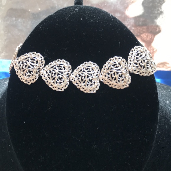 Bolivian Signed SA 925 Vintage Sterling Silver Heart Bracelet - Picture 6 of 12